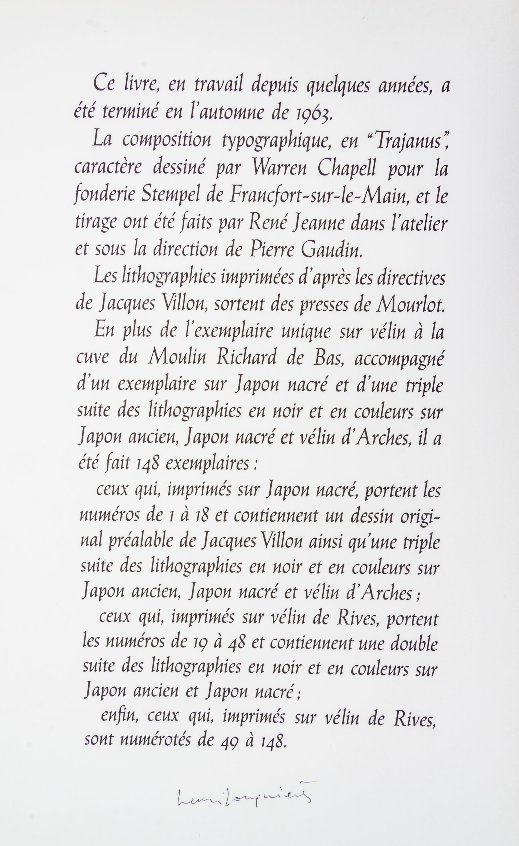 (VILLON, JACQUES) VILLON, FRANCOIS. Le grand testament. Paris, 1963. Limited, signed, with two additional suites.