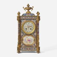 A French cloisonné enamel and gilt-bronze mounted mantel clock with painted porcelain set medallions Imported by Harris & Harrington (1896-1919), New York, circa 1900