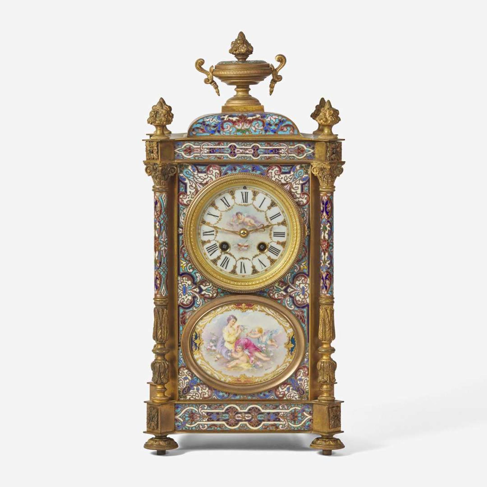 A French cloisonné enamel and gilt-bronze mounted mantel clock with painted porcelain set medallions Imported by Harris & Harrington (1896-1919), New York, circa 1900