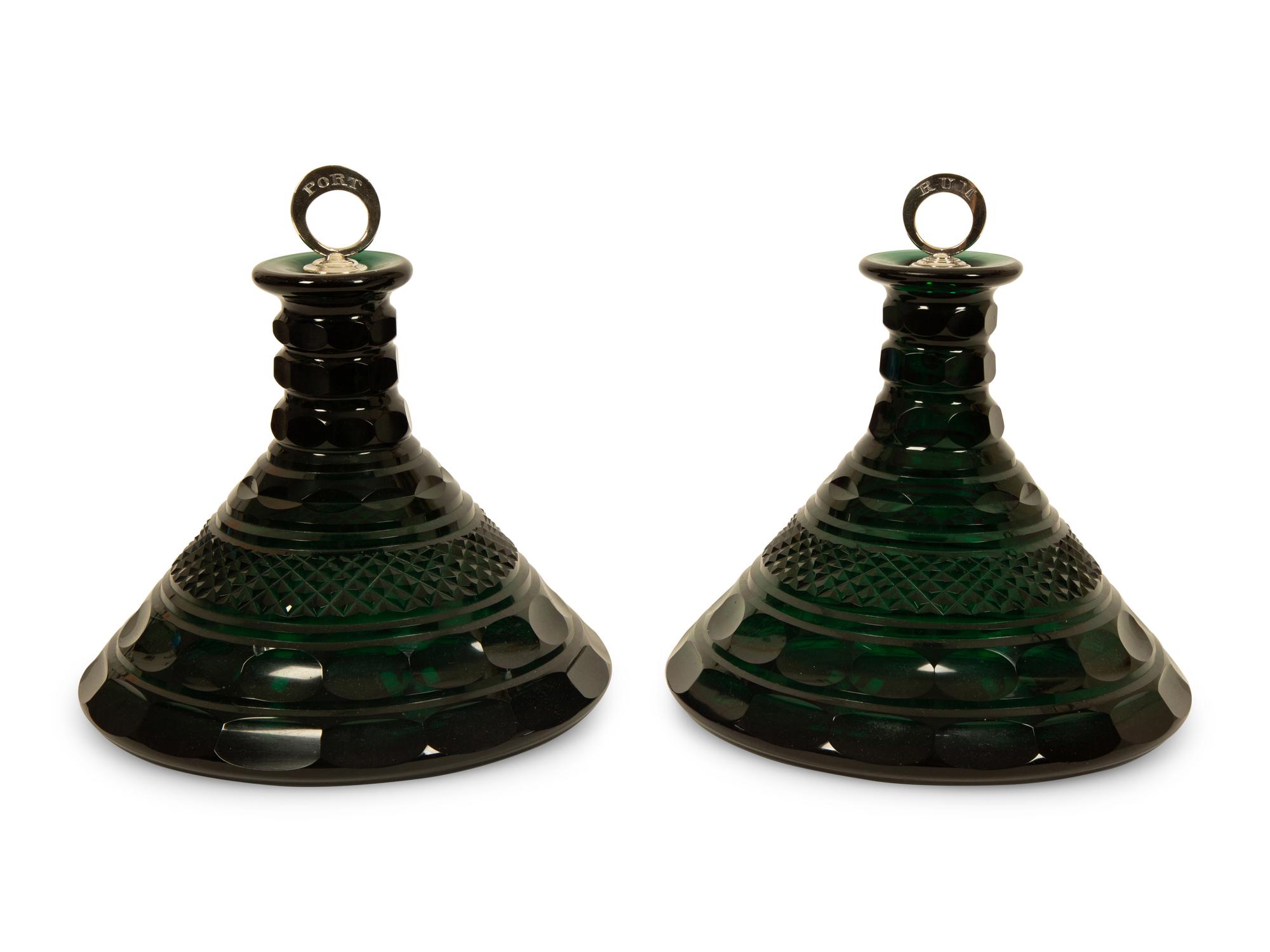 A Pair of Bristol Green Cut Glass Ship's Decanters with Silver Ring Stoppers