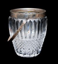 An English Cut Glass and Silver Plate Handled Bottle Coaster Height 5 3/8 x diameter 4 1/4 inches.