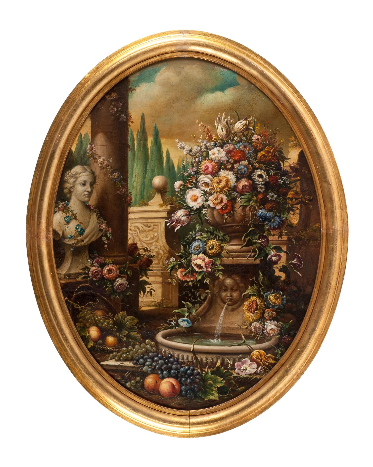 Continental School, (First Quarter 20th Century), Flower-Filled Urns in Garden Settings (two works)