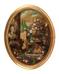 Continental School, (First Quarter 20th Century), Flower-Filled Urns in Garden Settings (two works)