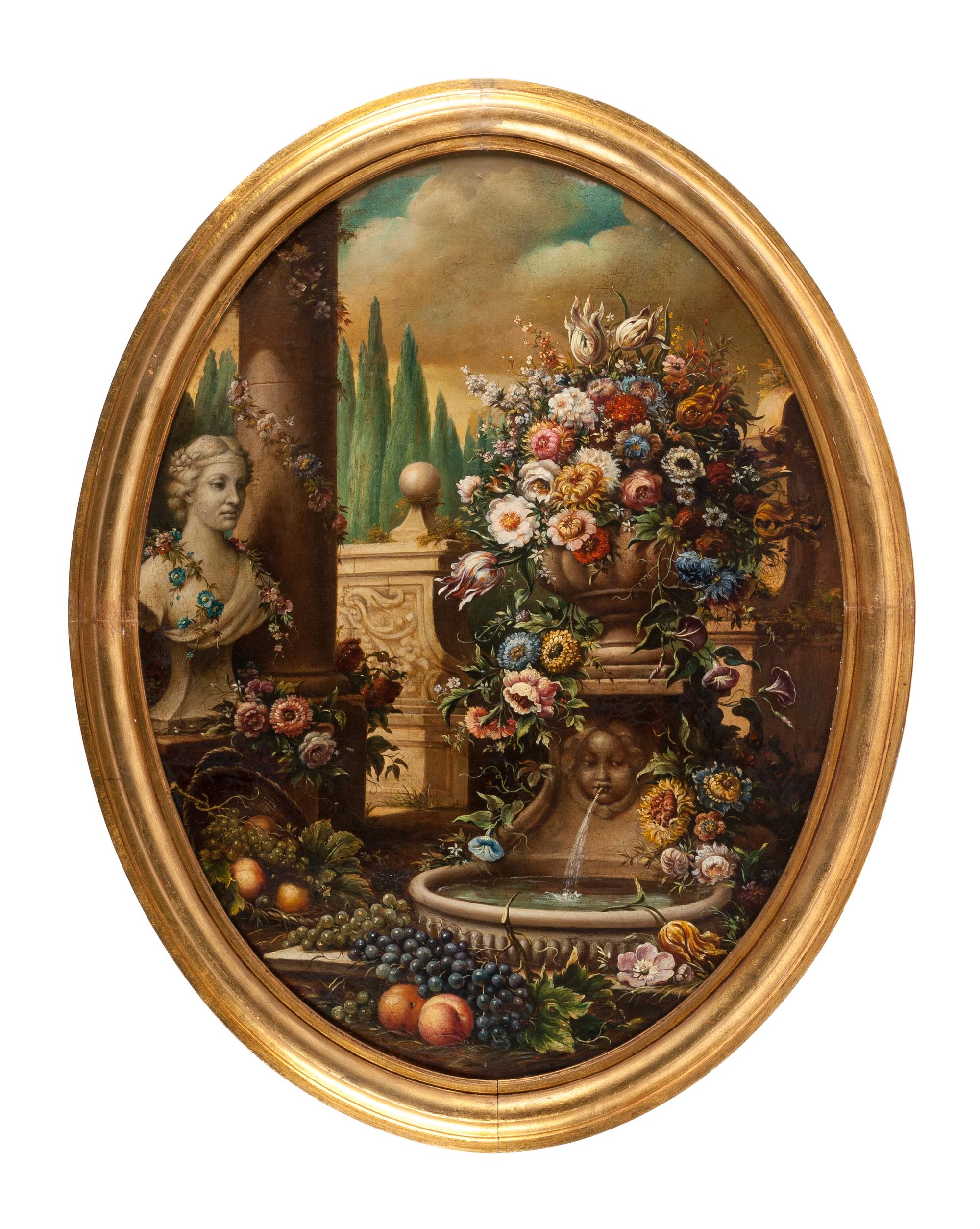 Continental School, (First Quarter 20th Century), Flower-Filled Urns in Garden Settings (two works)