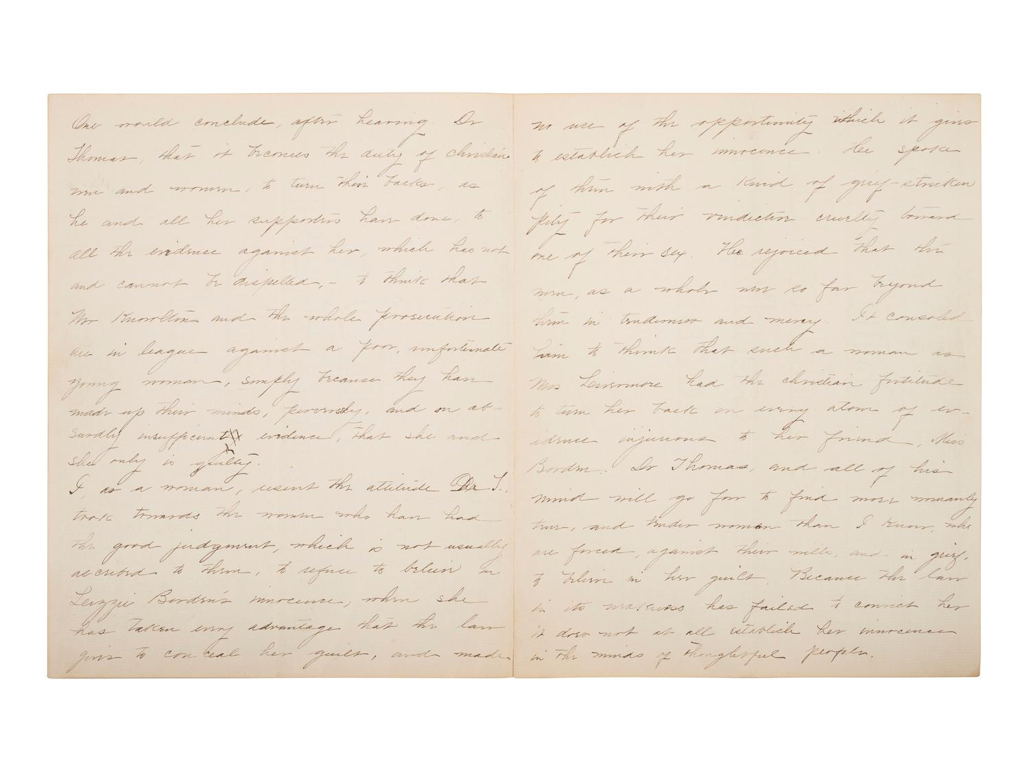 [BORDEN, Lizzie (1860-1927)]. Manuscript article, "Rev. Dr. Thomas on the Borden Case," challenging Lizzie Borden's defense, for inclusion in the Boston Evening Transcript . Ca 1892.