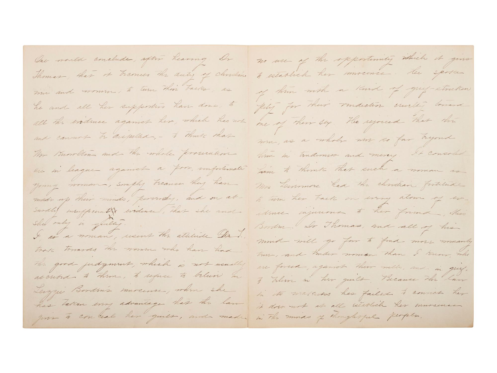 [BORDEN, Lizzie (1860-1927)]. Manuscript article, "Rev. Dr. Thomas on the Borden Case," challenging Lizzie Borden's defense, for inclusion in the Boston Evening Transcript . Ca 1892.