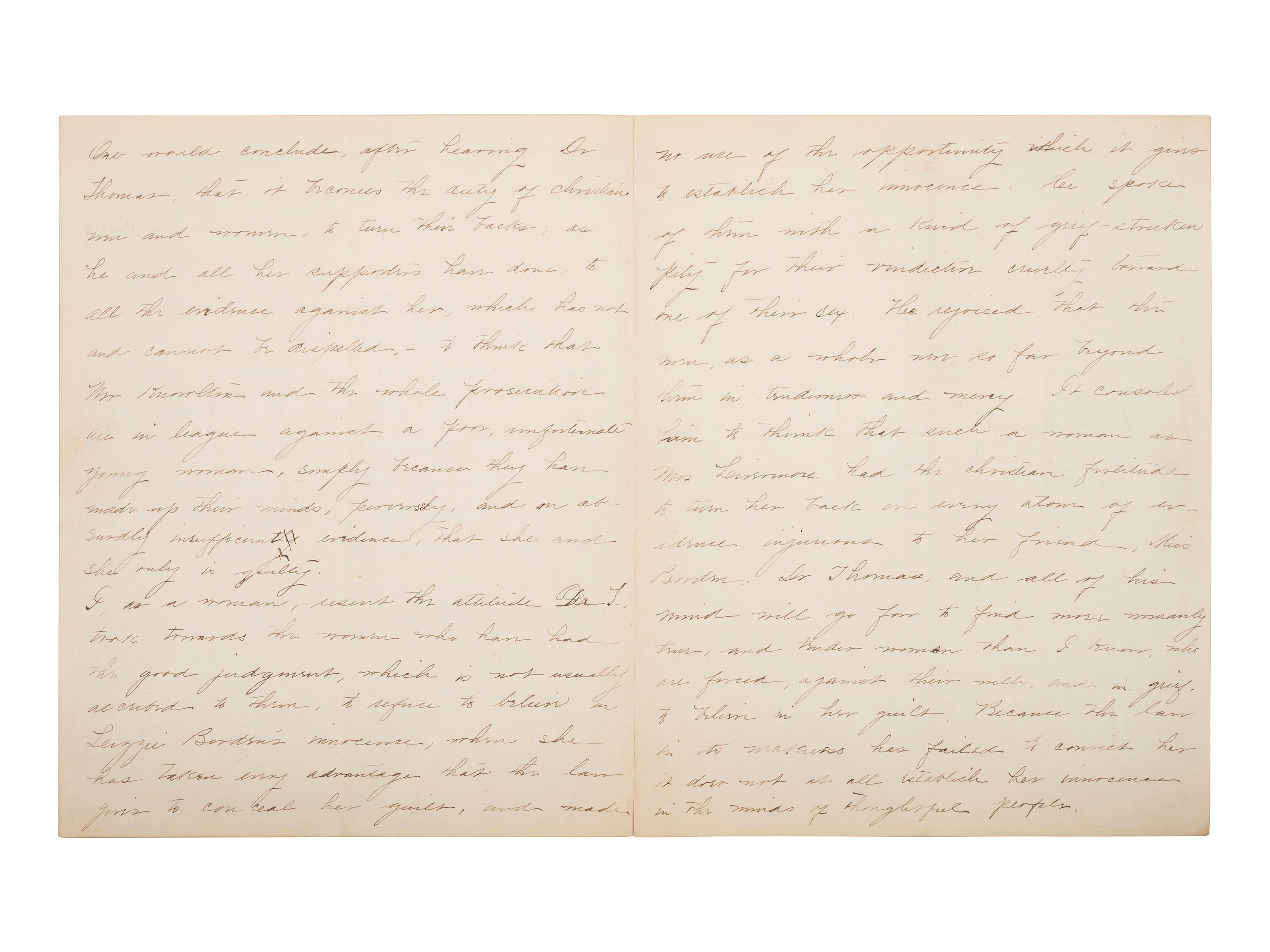 [BORDEN, Lizzie (1860-1927)]. Manuscript article, "Rev. Dr. Thomas on the Borden Case," challenging Lizzie Borden's defense, for inclusion in the Boston Evening Transcript . Ca 1892.