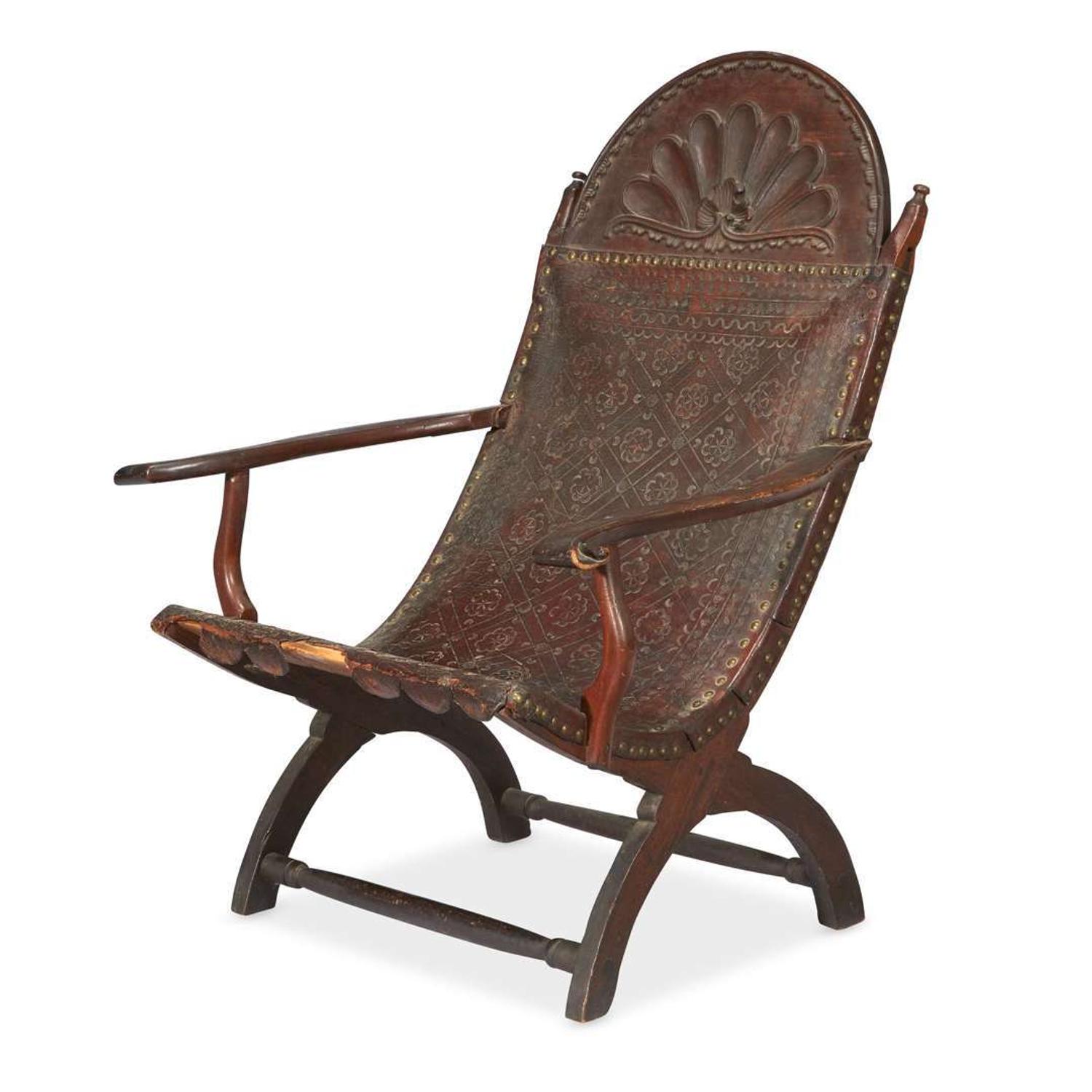 Carved mahogany and embossed leather campeche chair Mexico, first quarter 19th century
