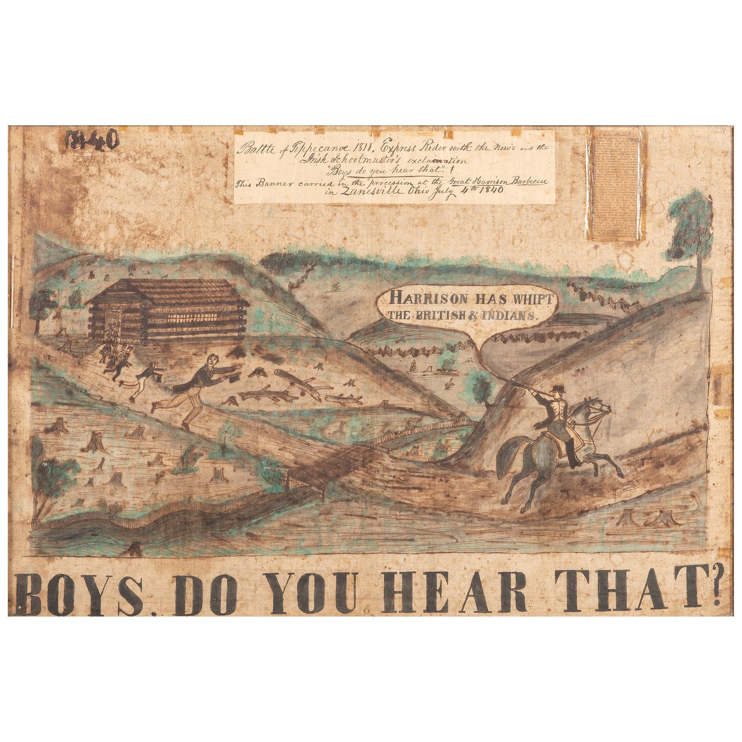 Exceptional William Henry Harrison 1840 Great Harrison BBQ Folk Art Campaign Banner