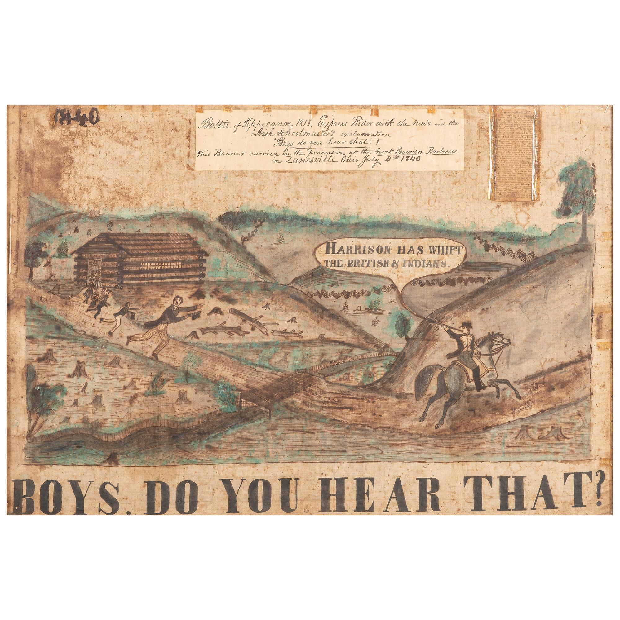 Exceptional William Henry Harrison 1840 Great Harrison BBQ Folk Art Campaign Banner