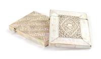 Two Mother-of-Pearl Veneered Card Cases, Height of first 4 1/8 inches.