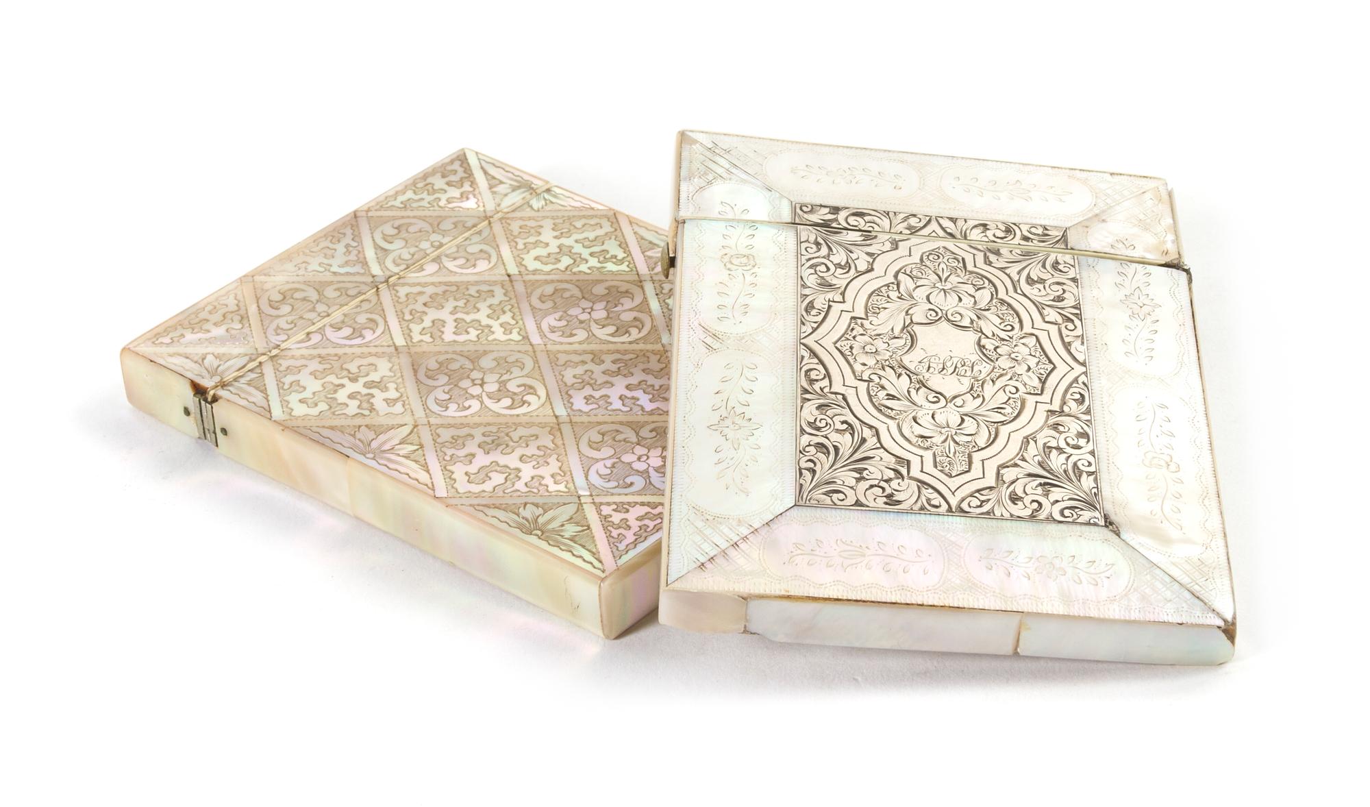 Two Mother-of-Pearl Veneered Card Cases, Height of first 4 1/8 inches.