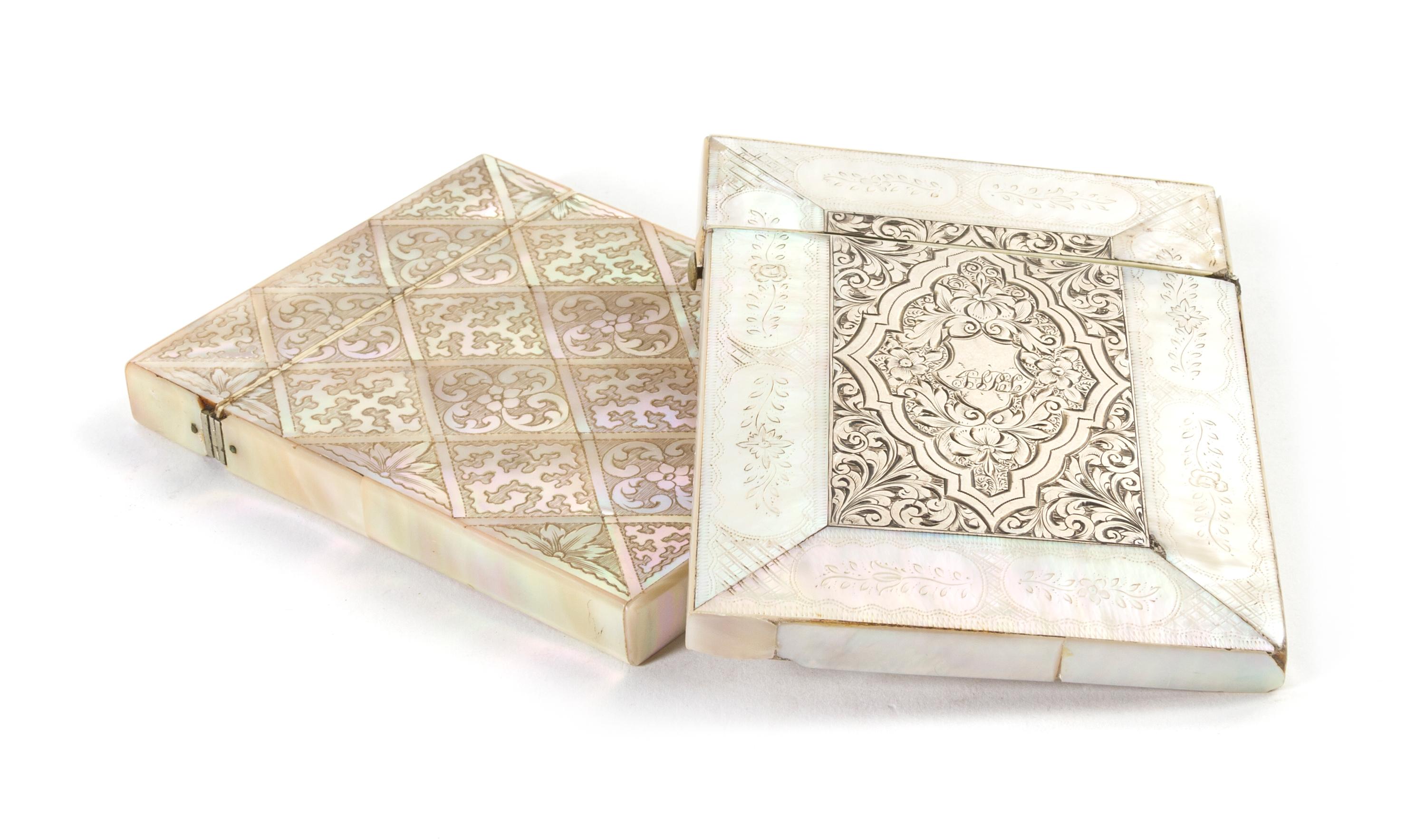 Two Mother-of-Pearl Veneered Card Cases, Height of first 4 1/8 inches.