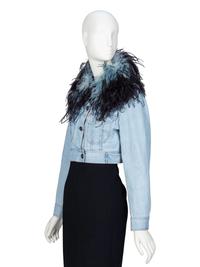 PRADA, FEATHER COLLAR CROP DENIM JACKET