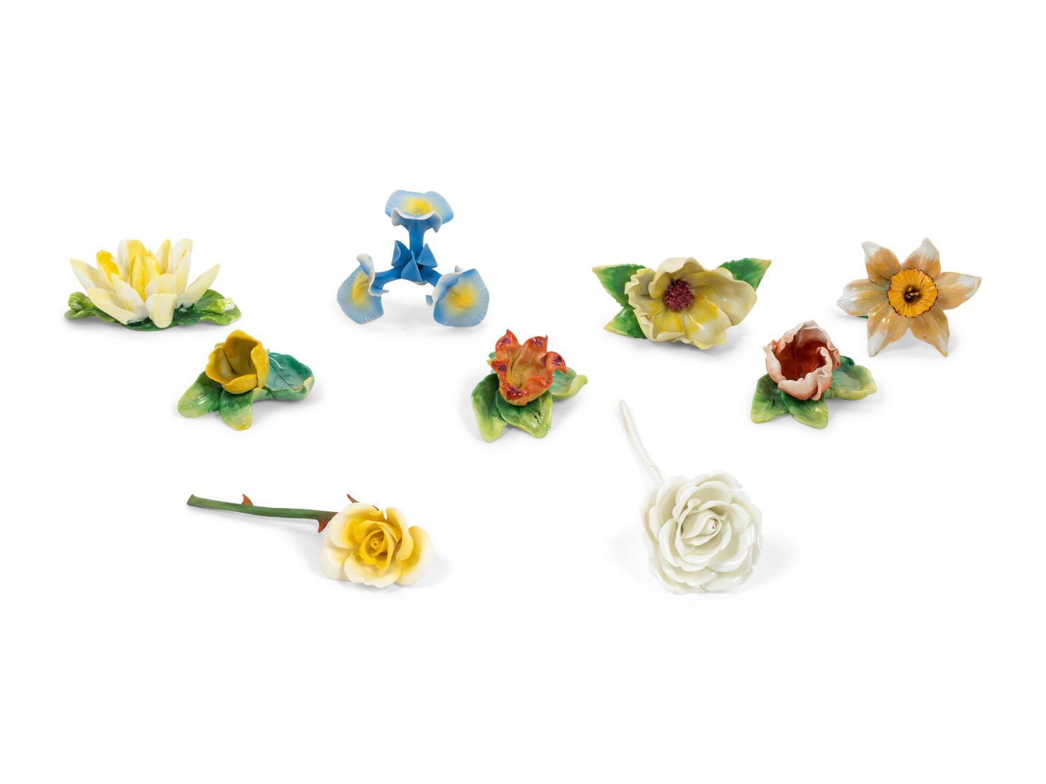 A Group of Nine Porcelain Flowers