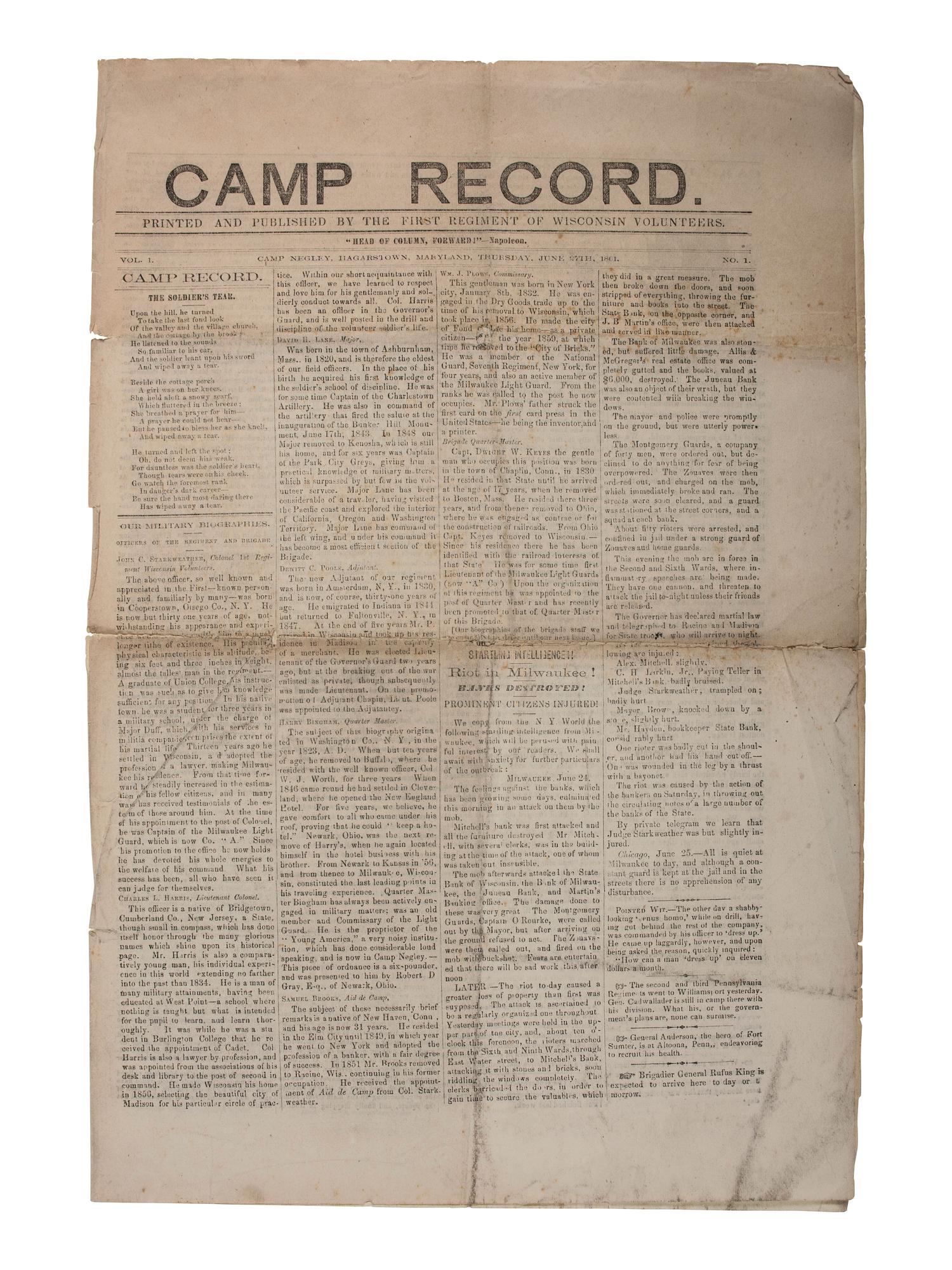 [CIVIL WAR] A group of 7 items related to Wisconsin in the Civil War.