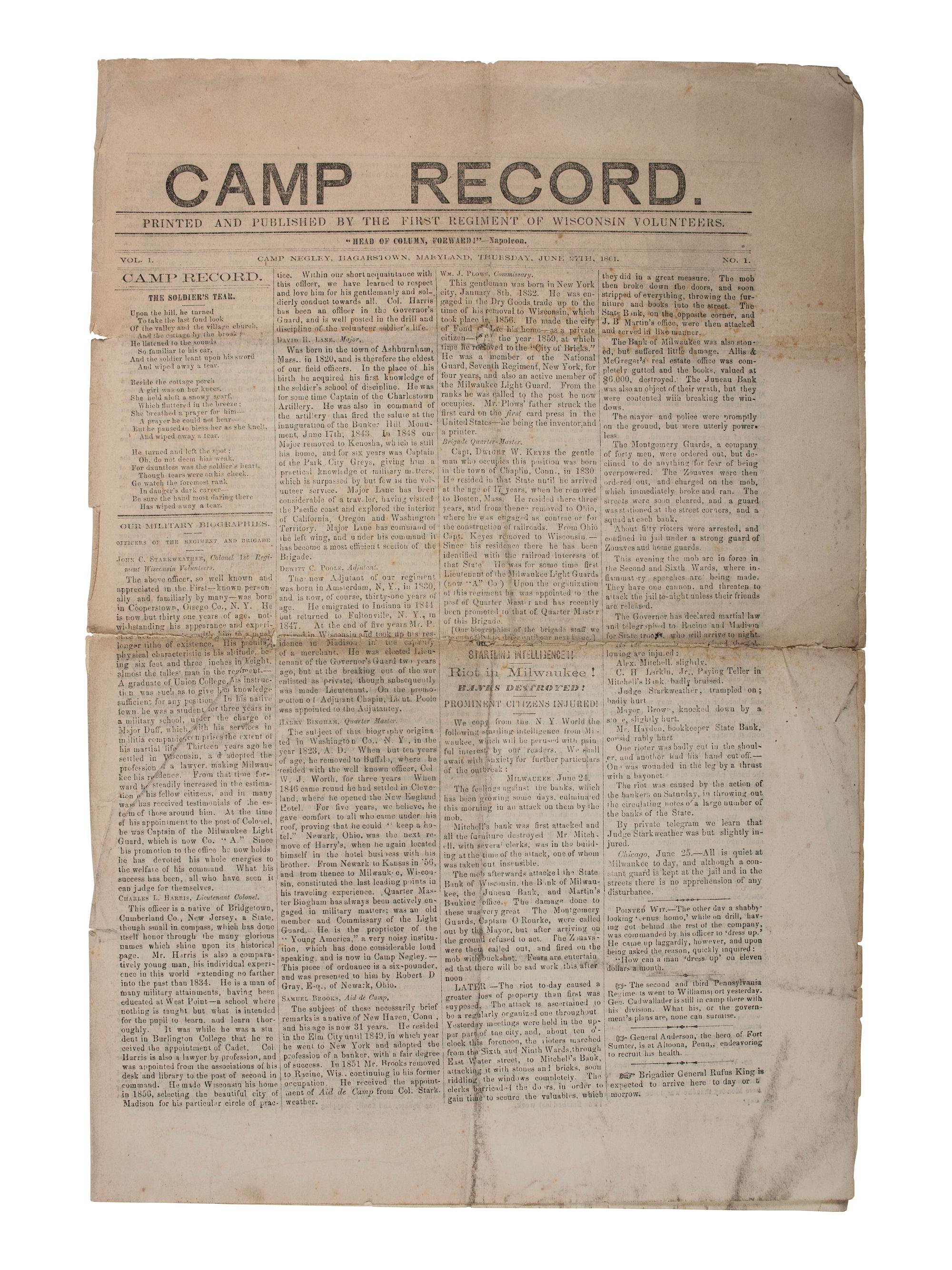[CIVIL WAR] A group of 7 items related to Wisconsin in the Civil War.