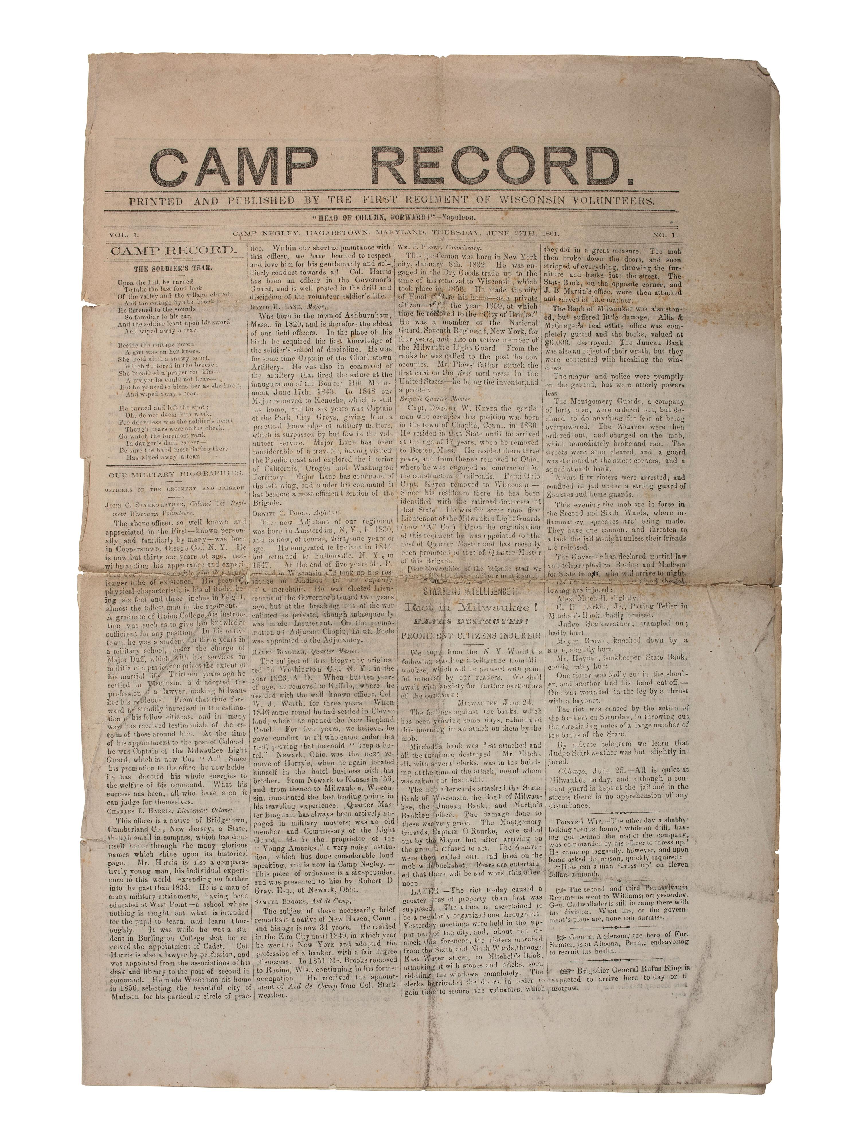 [CIVIL WAR] A group of 7 items related to Wisconsin in the Civil War.