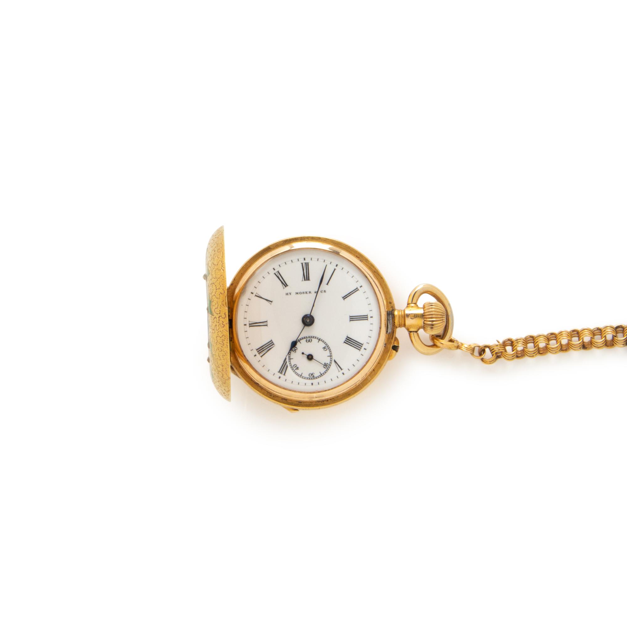 YELLOW GOLD, ENAMEL AND DIAMOND POCKET WATCH AND FOB CHAIN