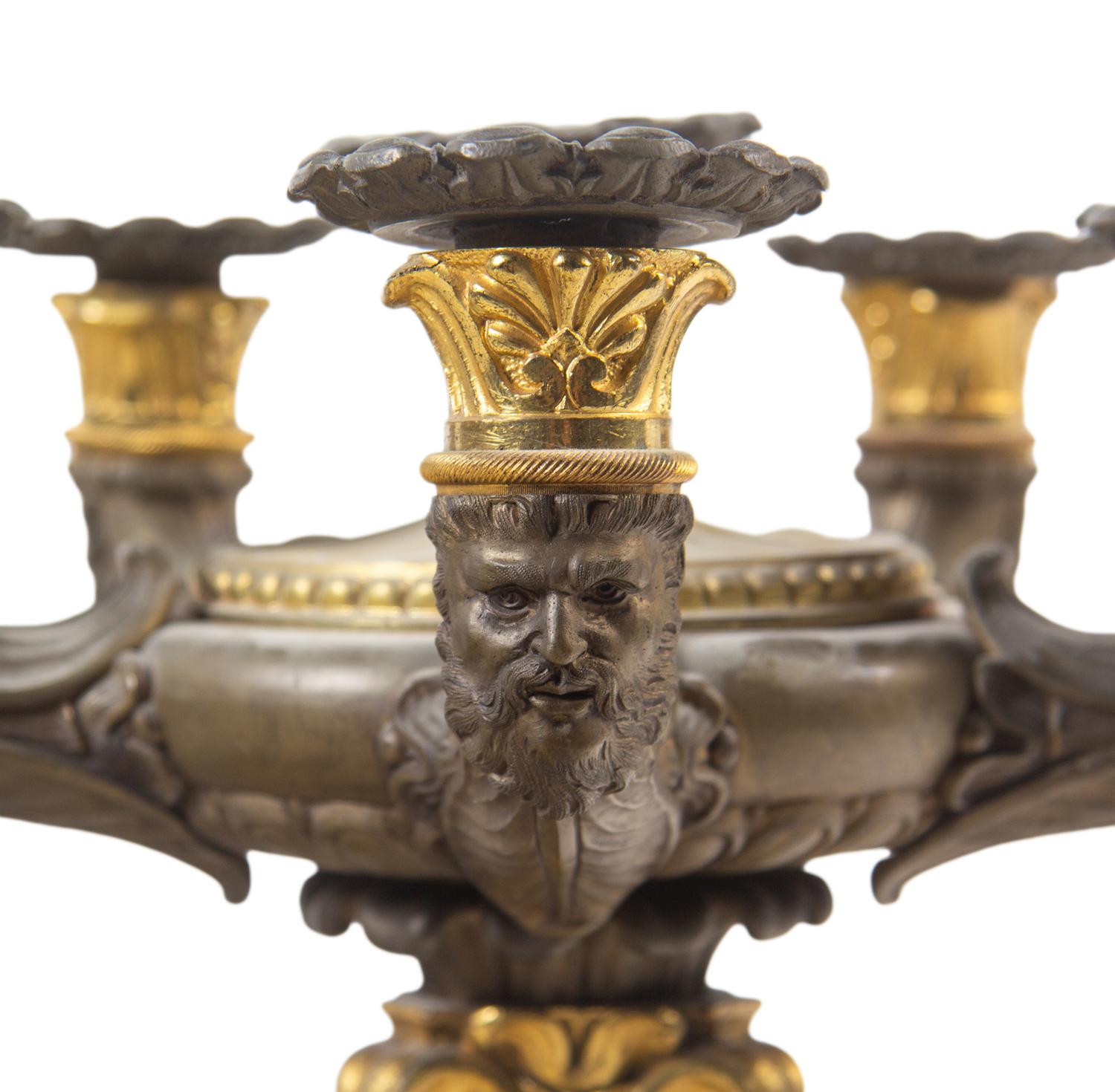 A Pair of Charles X Gilt and Patinated Bronze Six-Light Candelabra