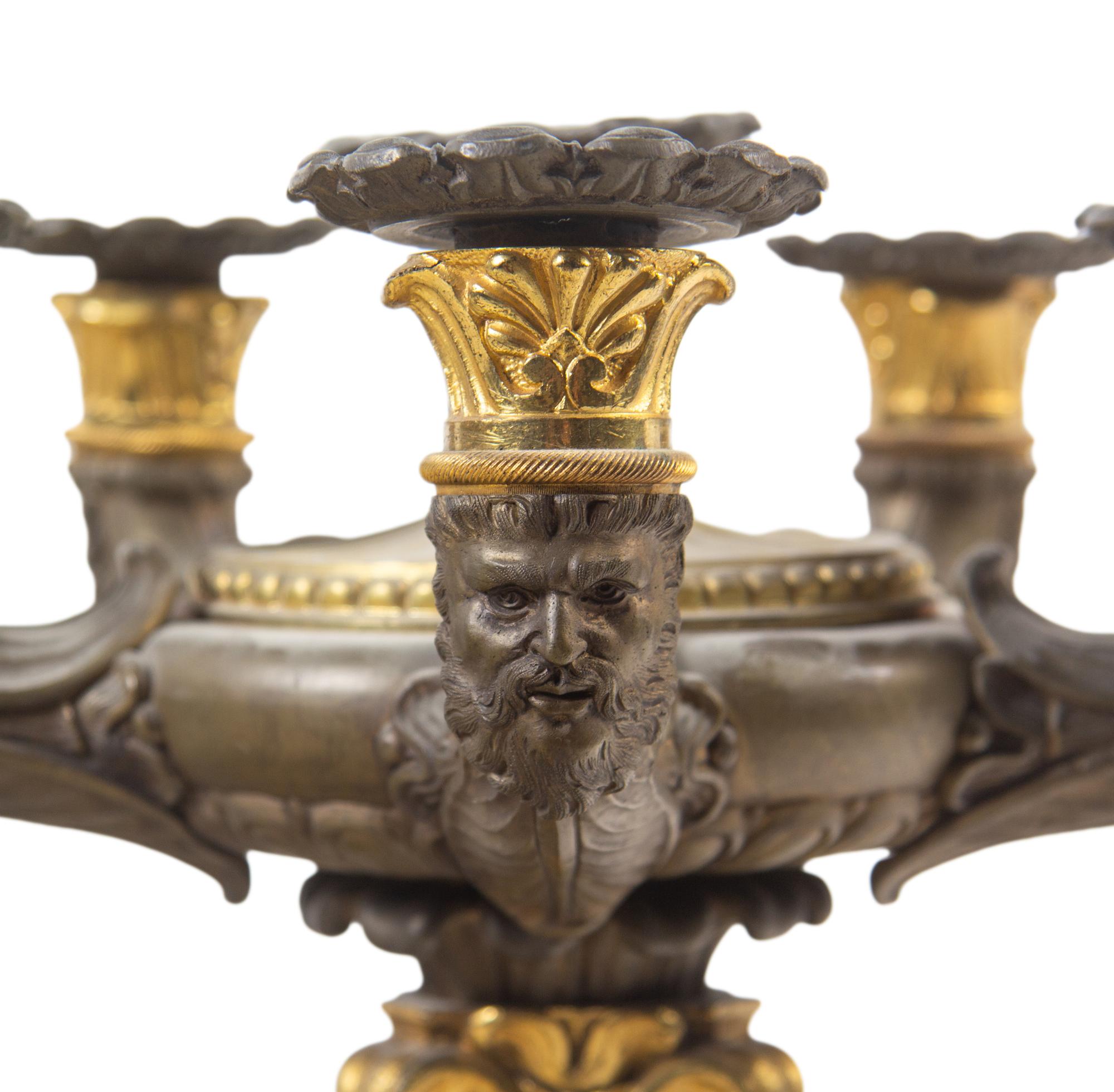 A Pair of Charles X Gilt and Patinated Bronze Six-Light Candelabra