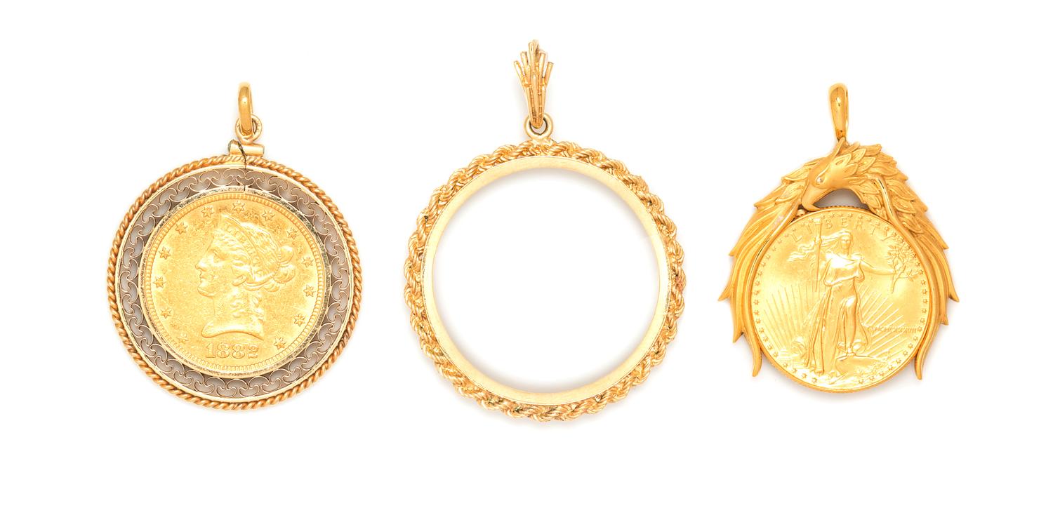 A Collection of Yellow Gold Coin Pendants and Findings, 38.70 dwts.