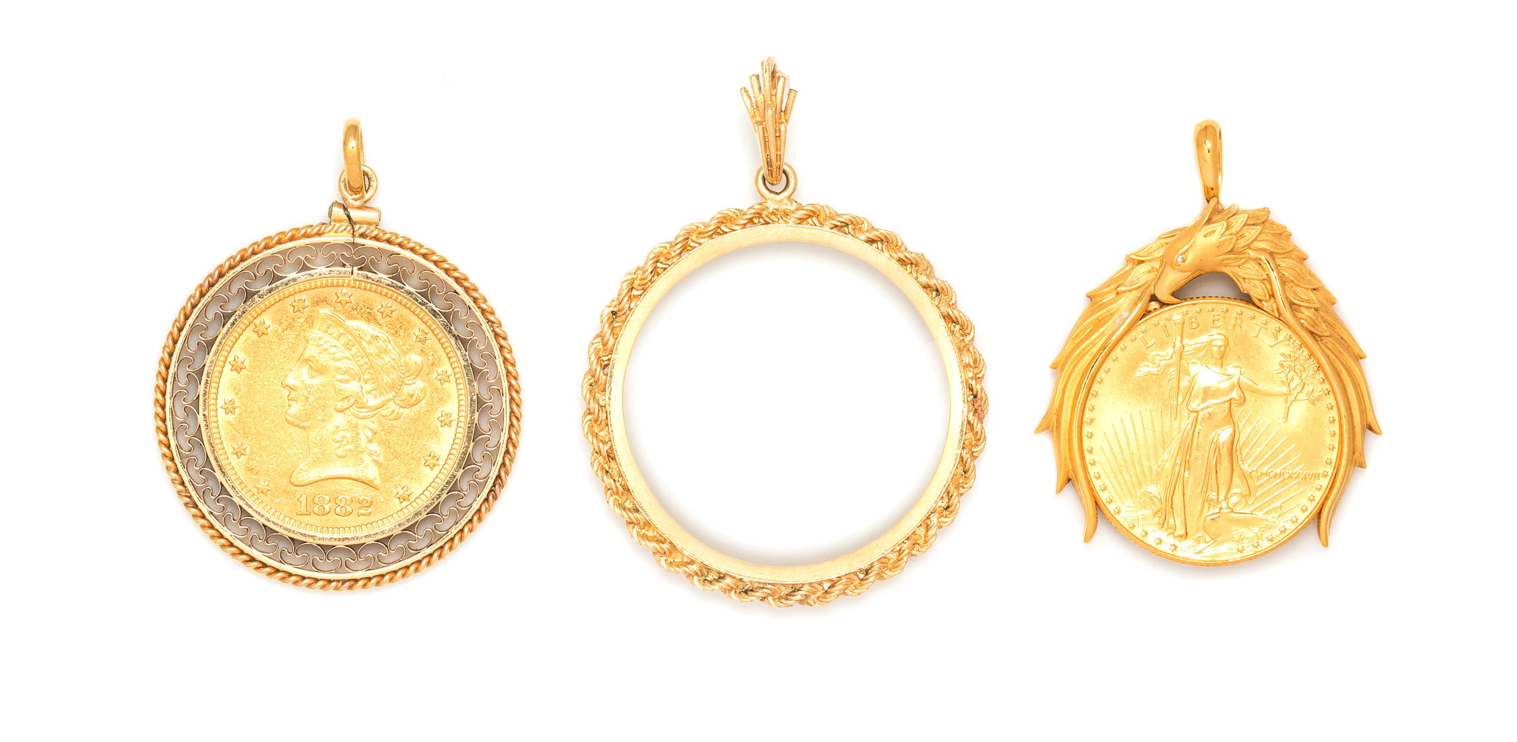 A Collection of Yellow Gold Coin Pendants and Findings, 38.70 dwts.