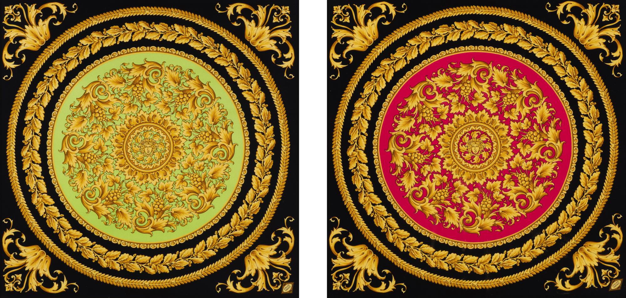 Two Framed Atelier Versace Silk Scarves