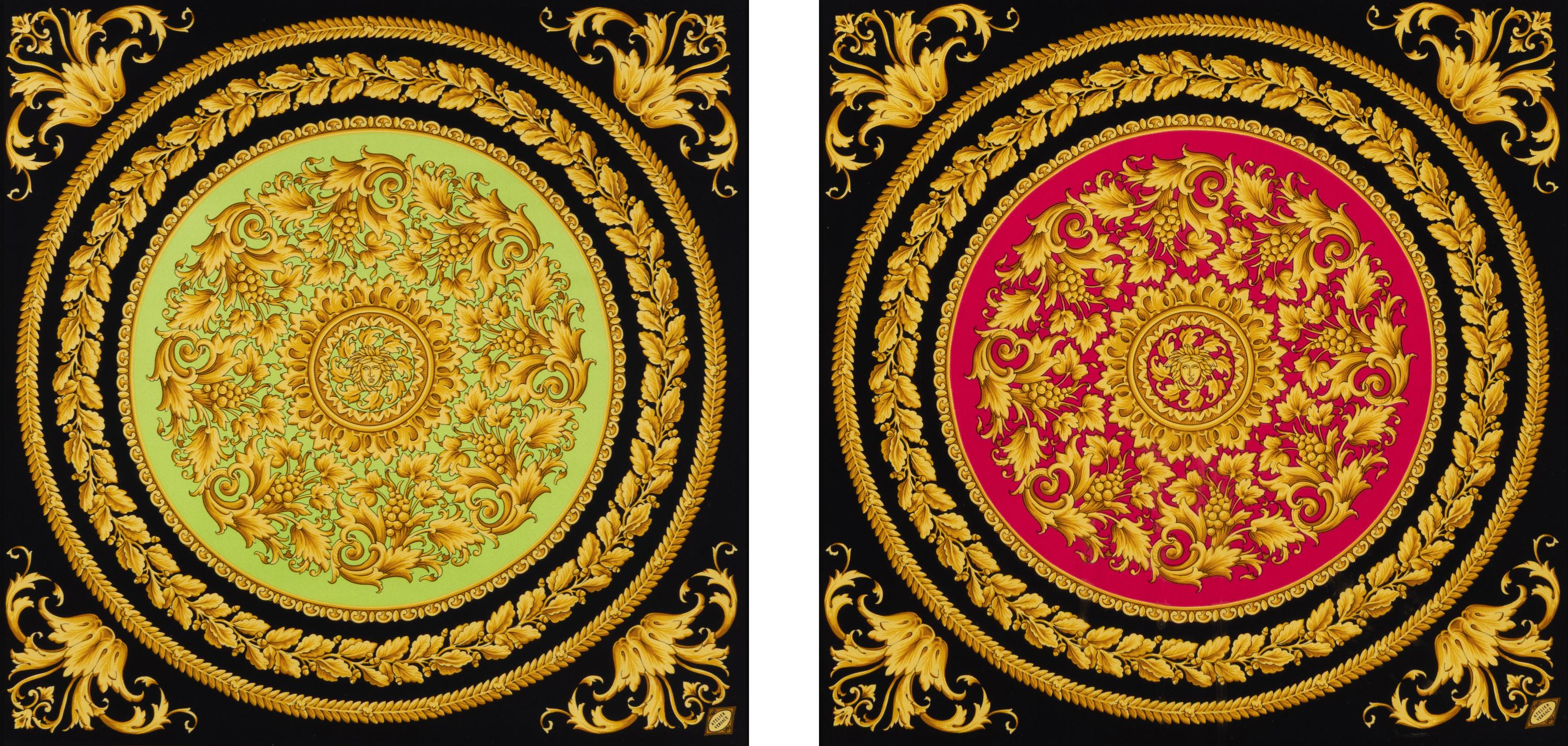 Two Framed Atelier Versace Silk Scarves
