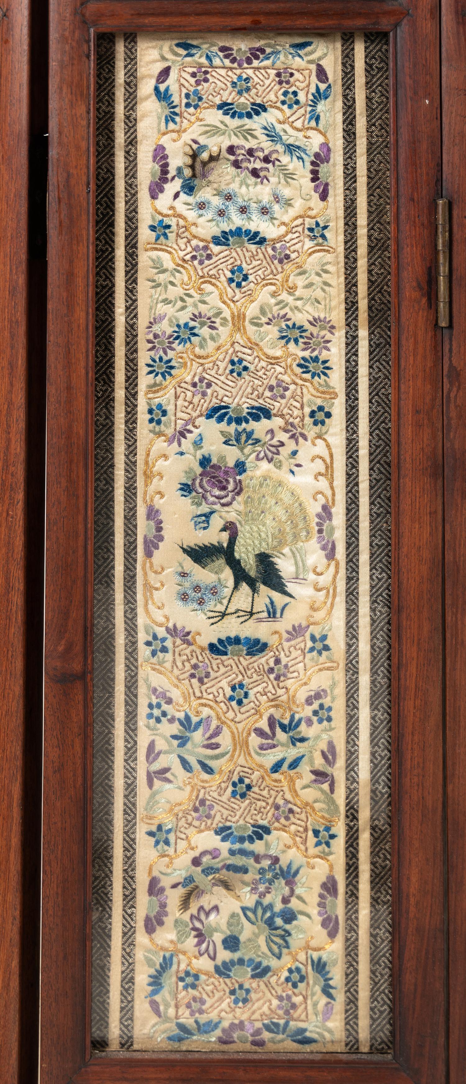 A Chinese Embroidered Silk Inset Hardwood Six-Panel Screen, Late Qing Dynasty 清晚期 紅木鑲綉片六扇屏