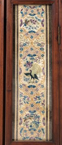 A Chinese Embroidered Silk Inset Hardwood Six-Panel Screen, Late Qing Dynasty 清晚期 紅木鑲綉片六扇屏