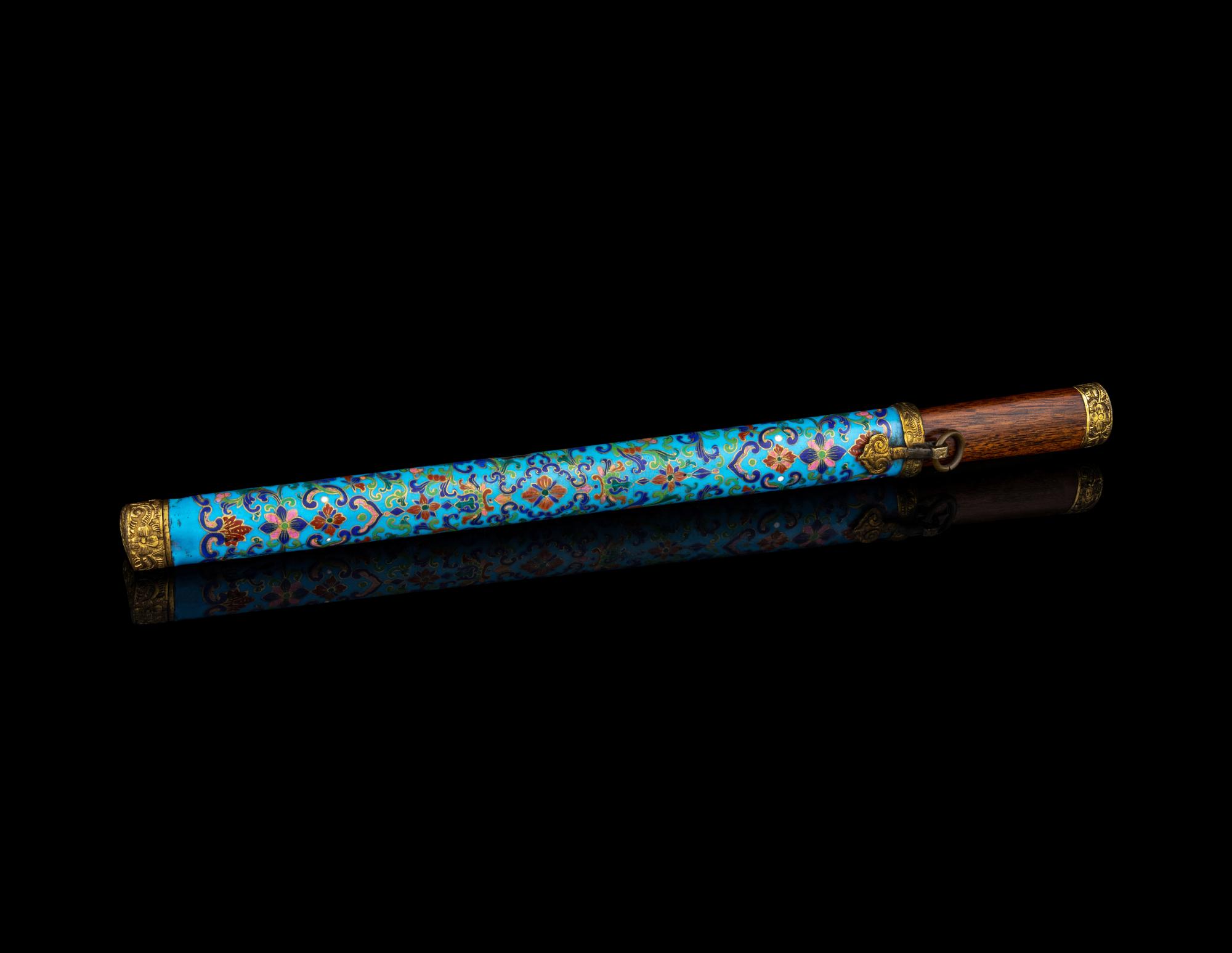 A Rare Huanghuali and Famille Rose Cloisonné-Imitation Knife and Chopsticks Set