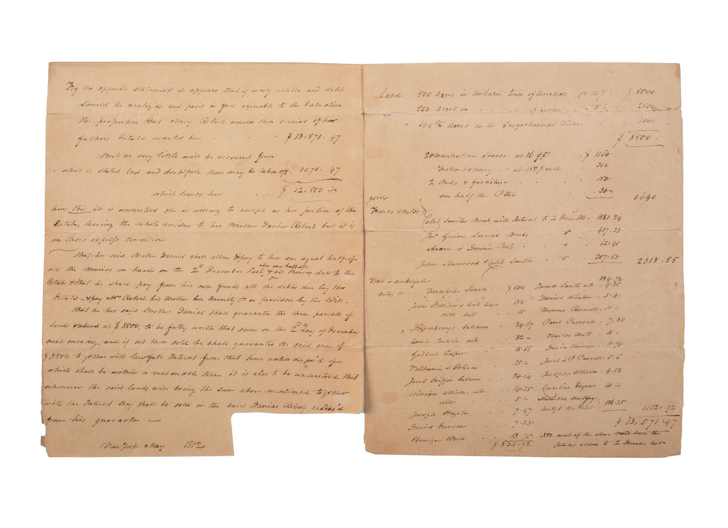 [SLAVERY & ABOLITION]. Memorandum on the estate of Colonel John Robert (1757-1811) listing the enslaved individuals Henry and Bella. New York, May 1812.