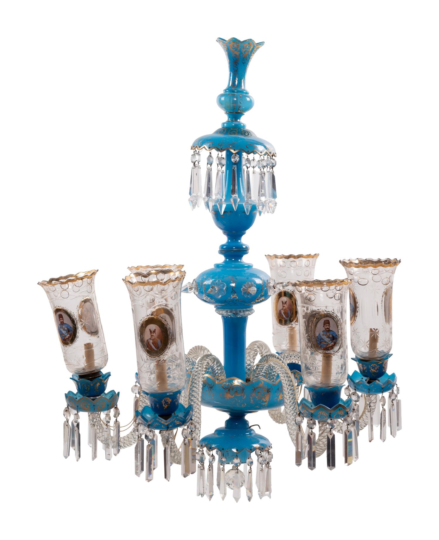 A Bohemian Enameled Opaline Glass Six-Light Chandelier for the Persian Market