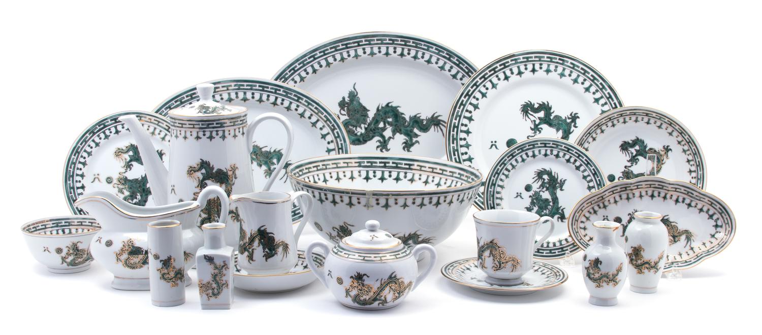 An Extensive Porcelain Green Dragon Pattern Dinner Service