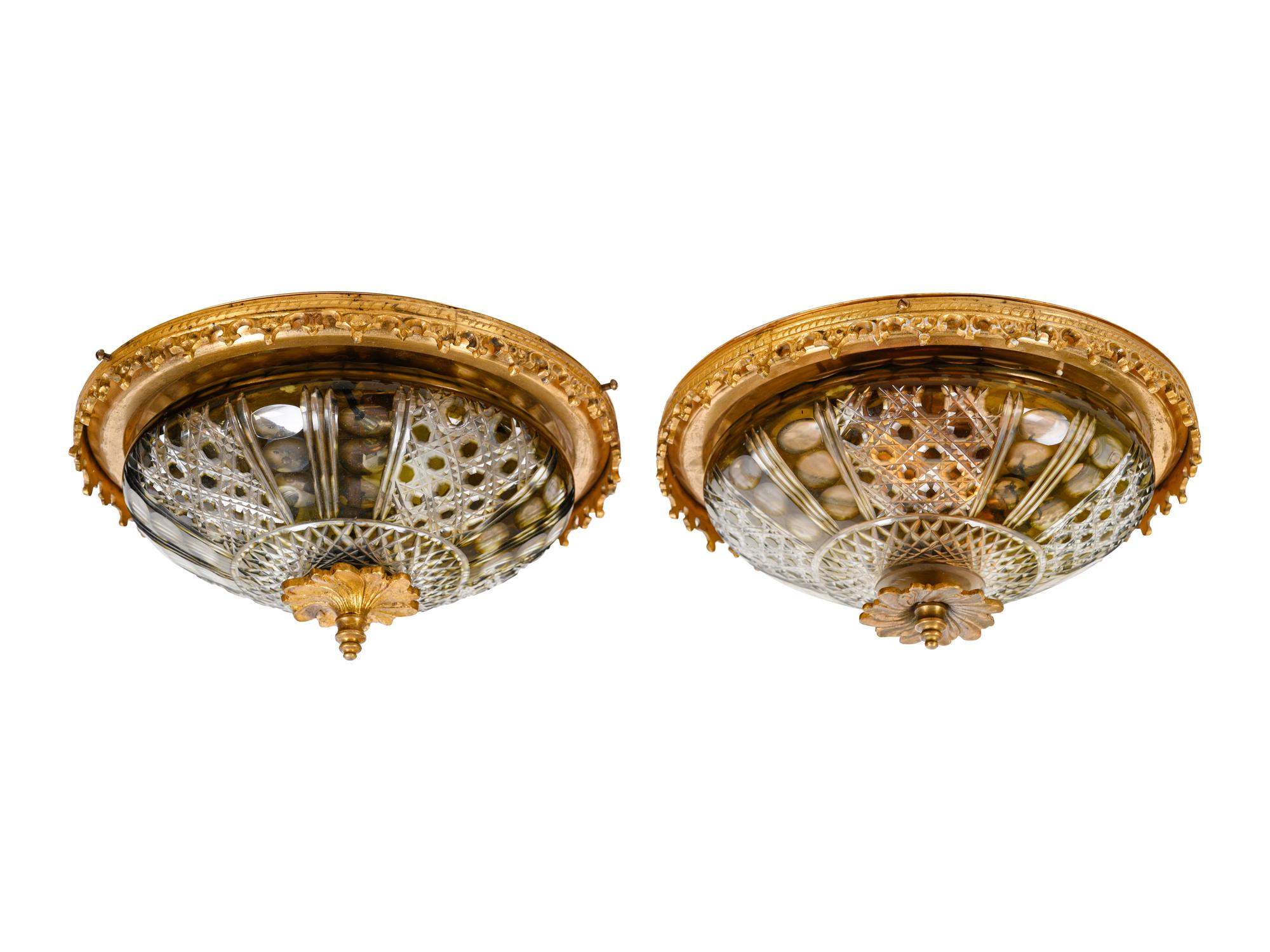 A Pair of Brass and Cut Glass Plafonniers