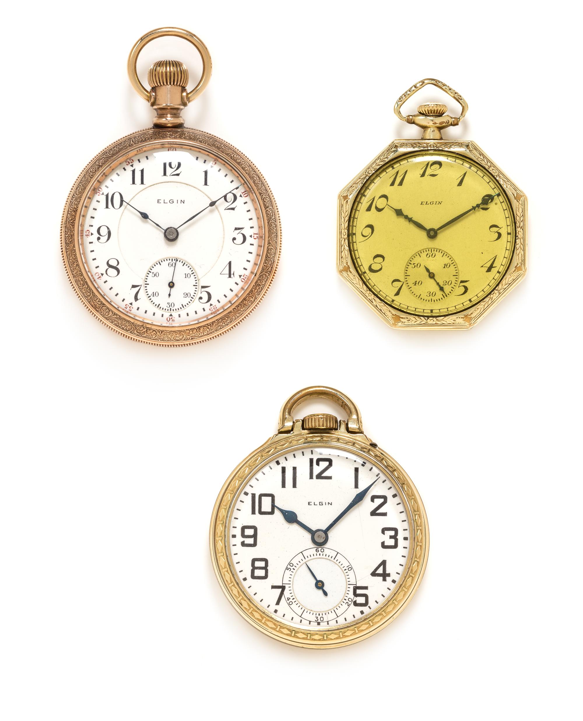A Collection of Gold Filled Open Face Pocket Watches, Elgin, Circa 1904 and 1928, 185.60 dwts.