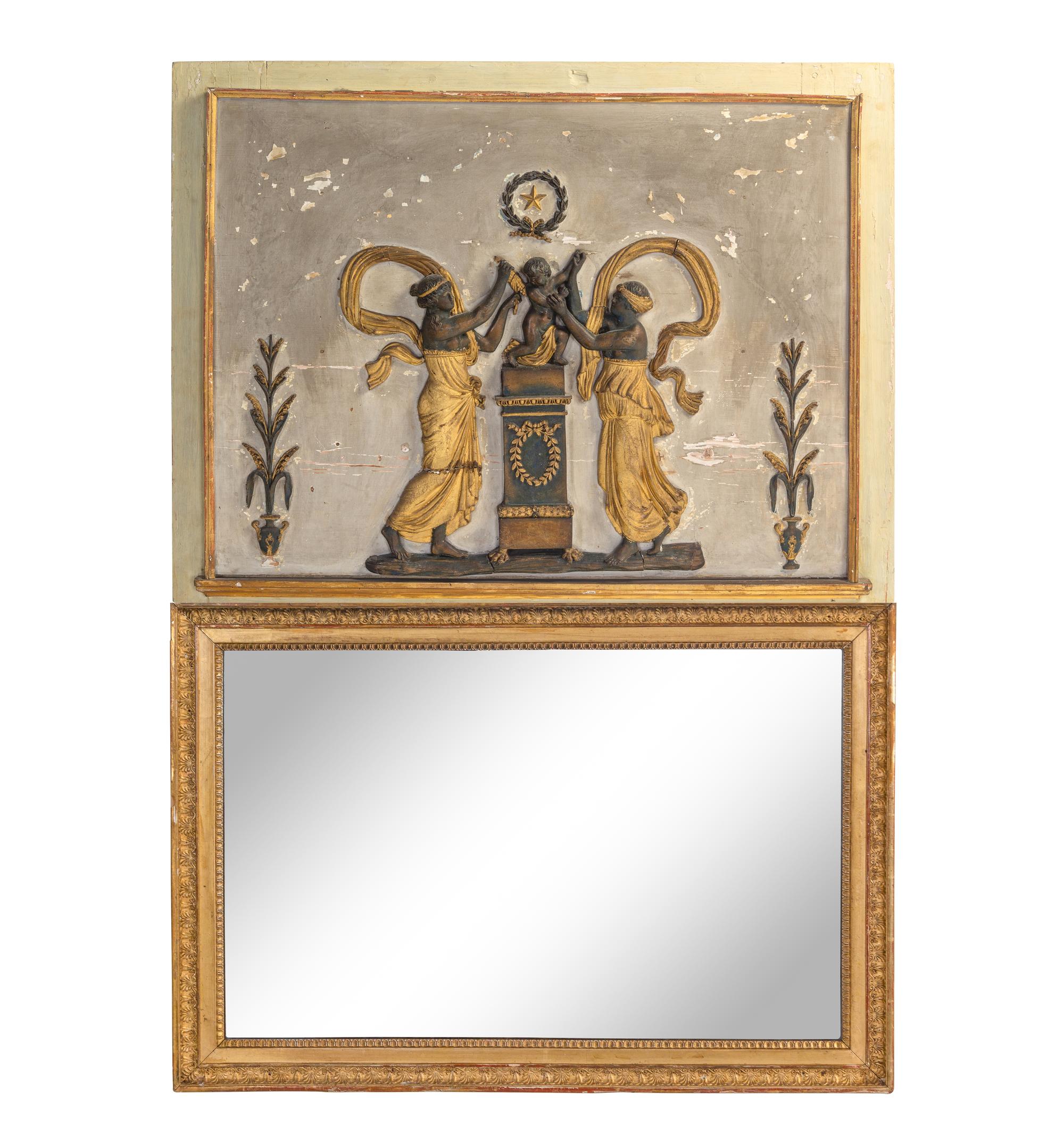 A Neoclassical Painted and Parcel-Gilt Trumeau Mirror