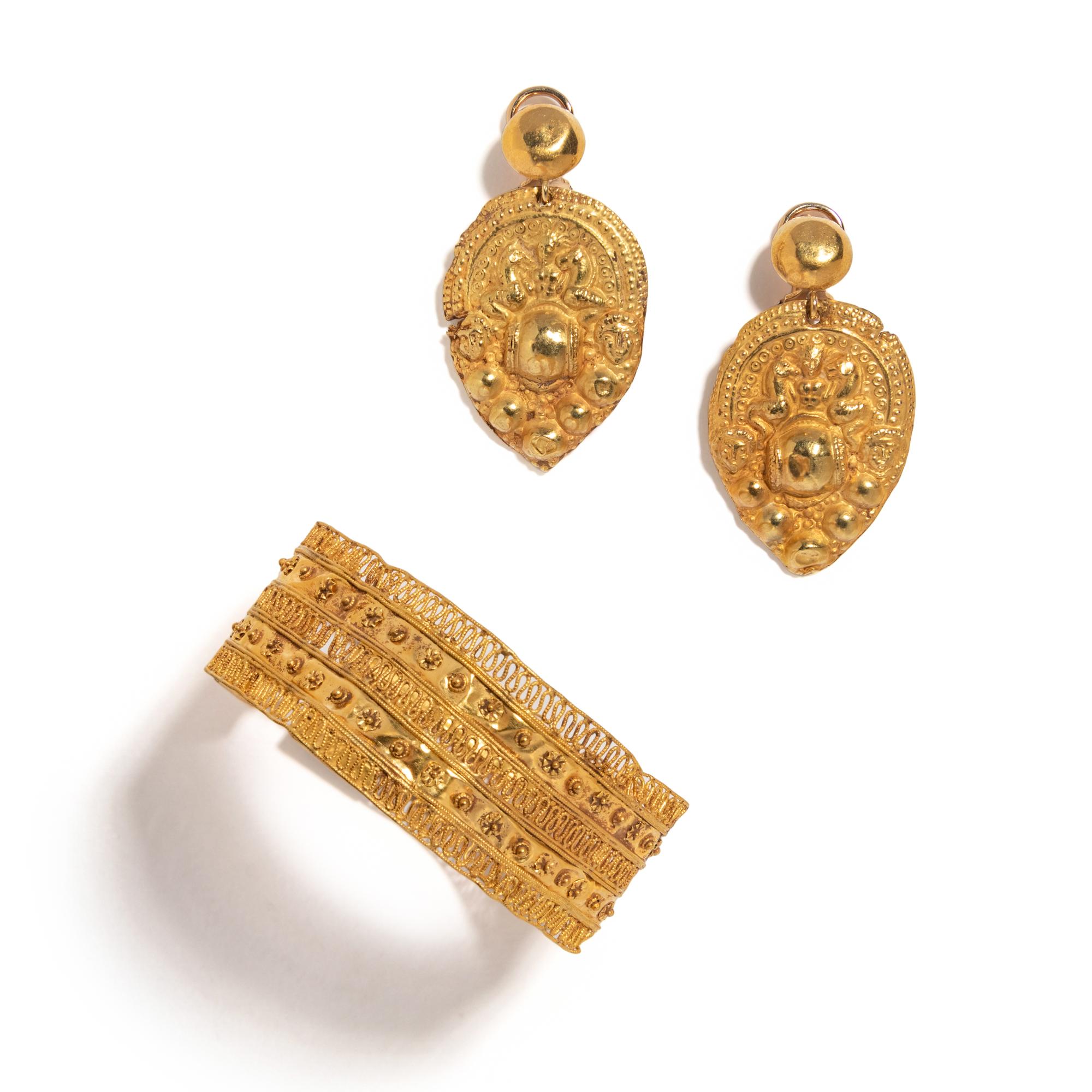 An Etruscan Revival Gold Bracelet with a Pair of Etruscan Revival Gold Ear Pendants