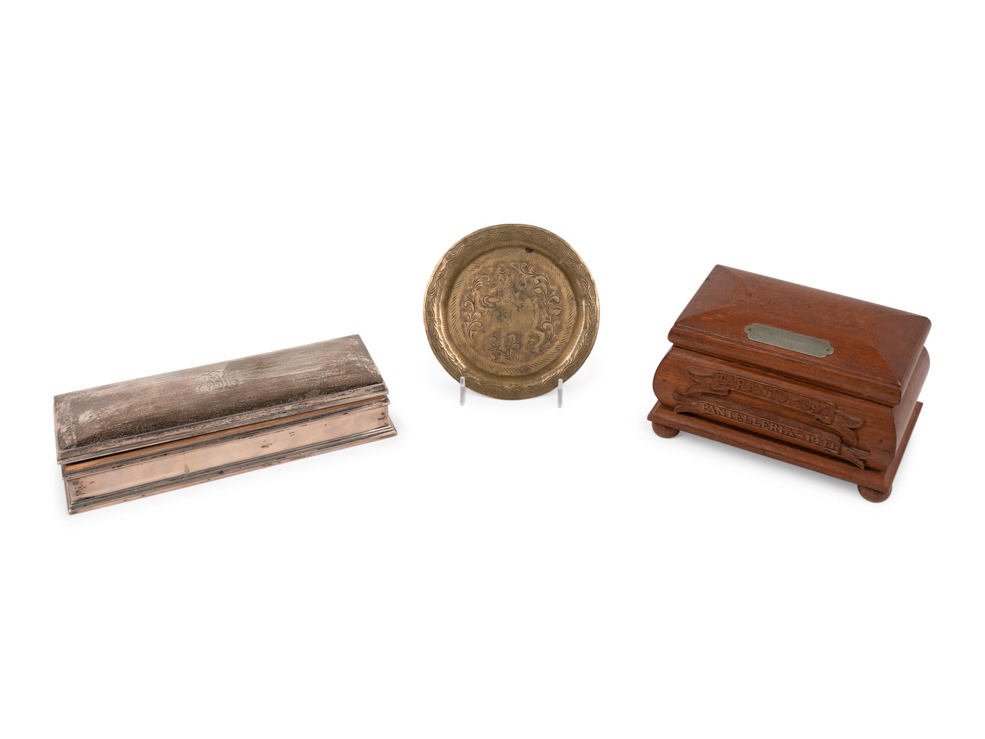 An American Silver Cigarette Box and a Teakwood Presentation Box from the H.M.S. Illustrious