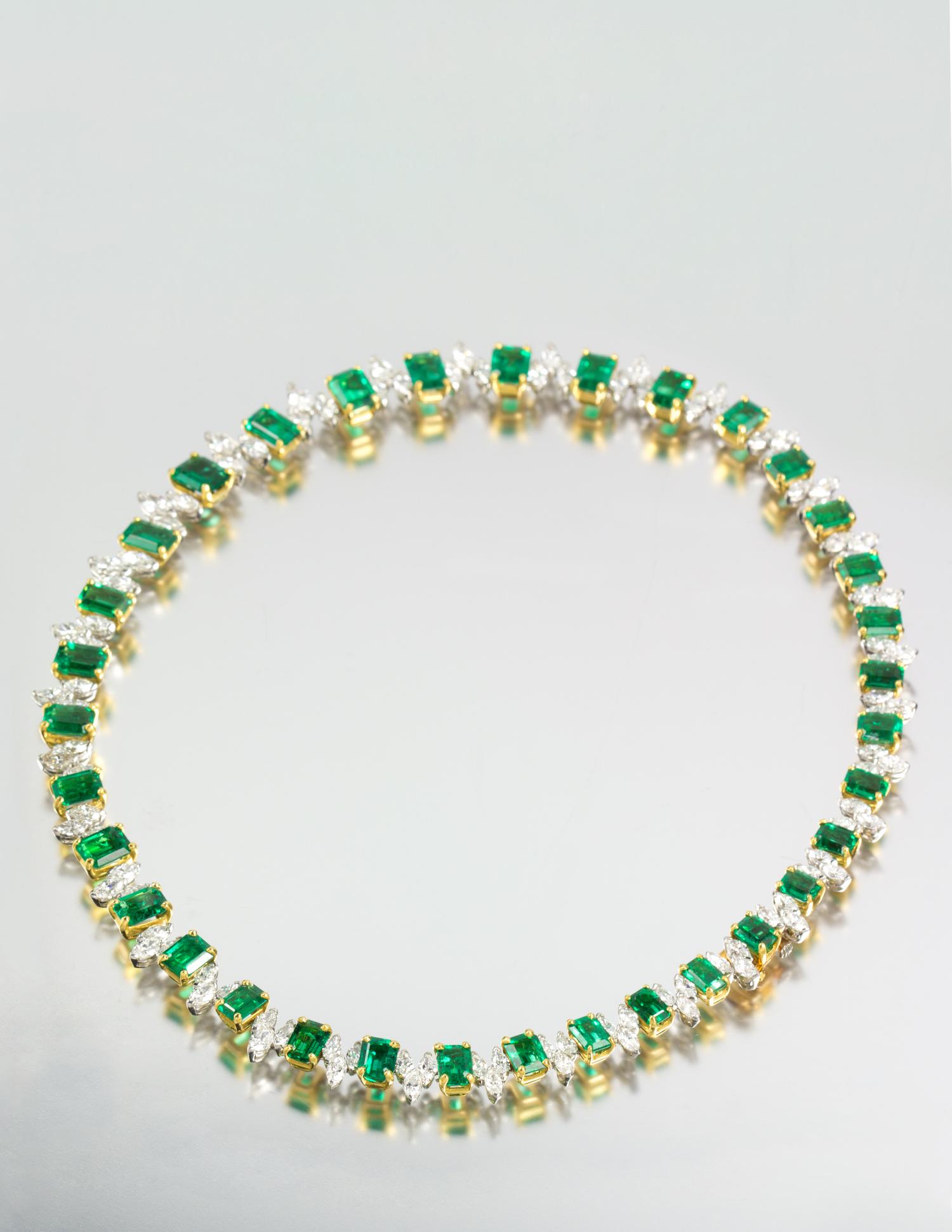 A Fine Platinum, Yellow Gold, Emerald and Diamond Necklace, Oscar Heyman Brothers, 36.80 dwts.