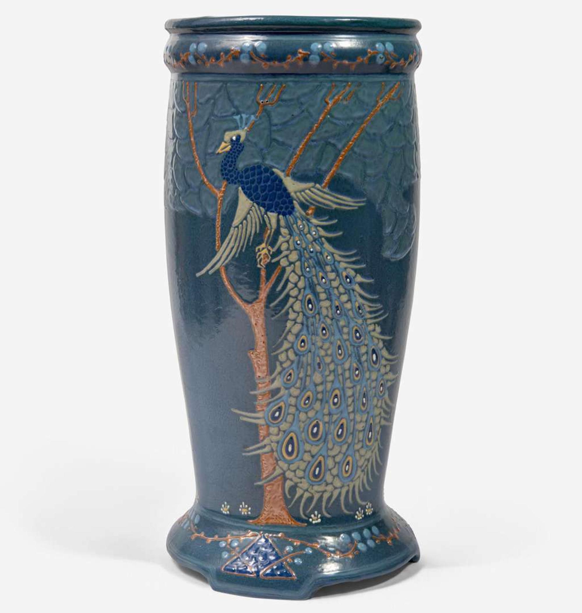 Frederick Hurten Rhead (British-American, 1880-1942) Peacock Umbrella Stand, Roseville Pottery, USA, circa 1908