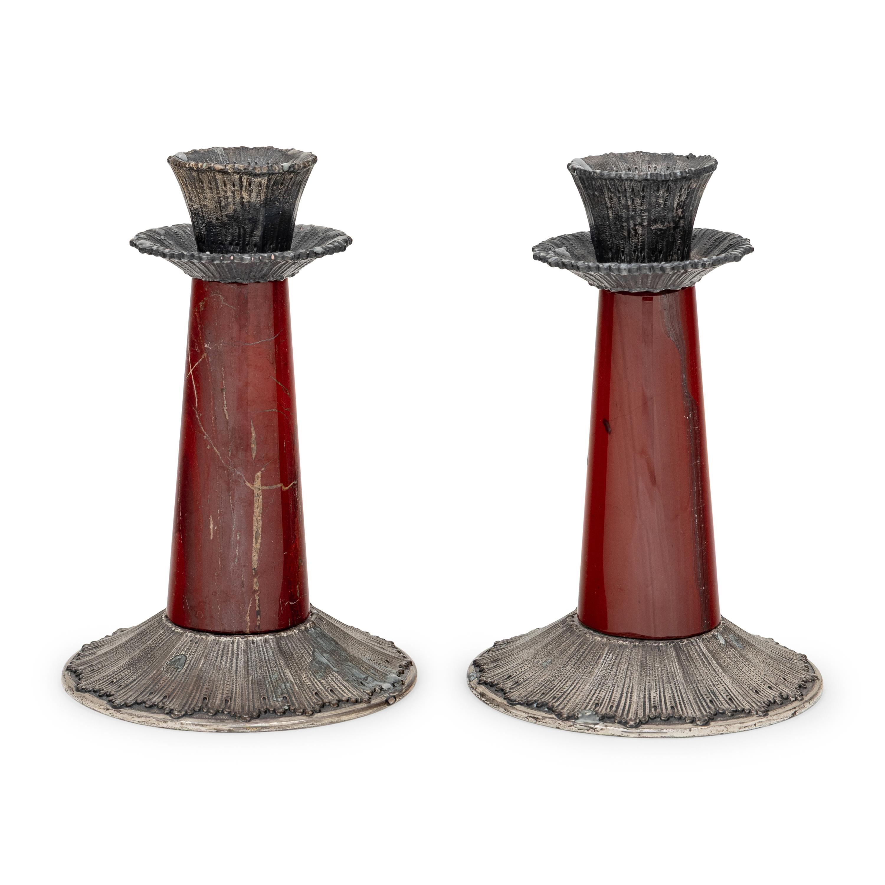 A Pair of Buccellati Silver and Hardstone Candlesticks