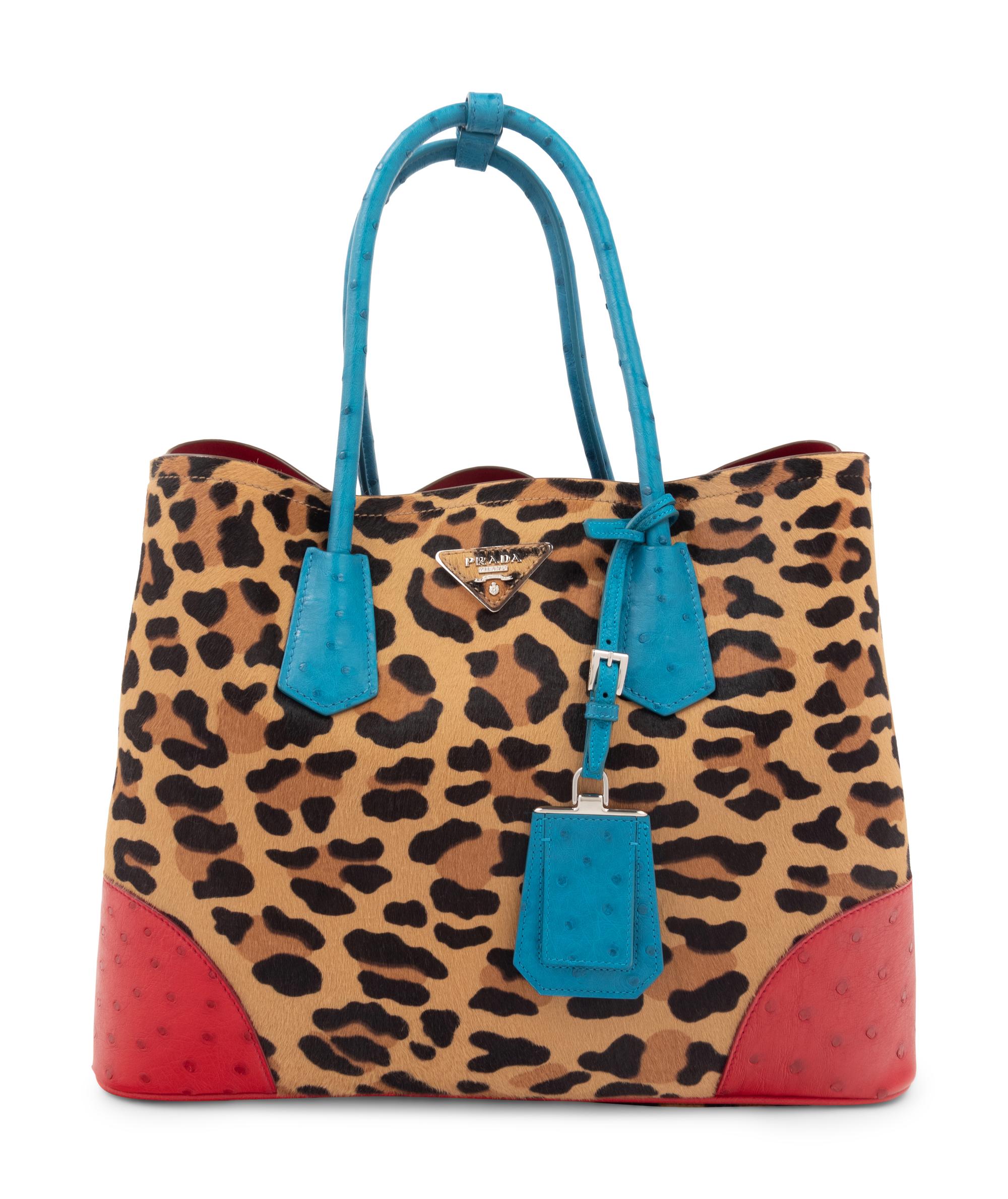 Prada Leopard Print Calf Hair and Ostrich Tote Bag