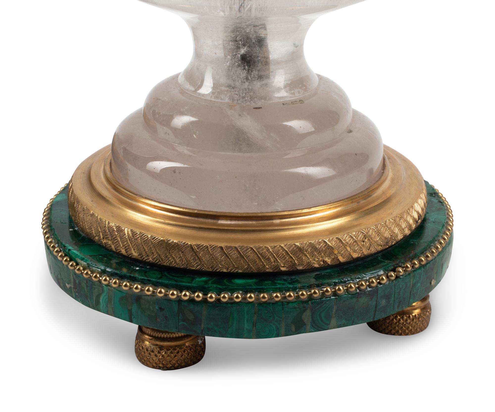 A Pair of Rock Crystal and Malachite Table Lamps