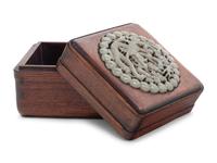 A Chinese Celadon Jade Inset Hardwood Square Covered Box