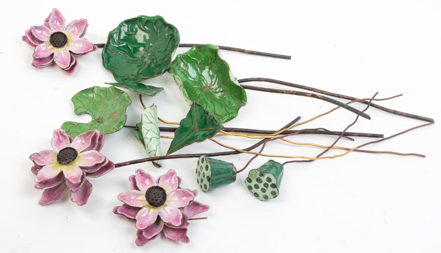A Group of Enameled Models of Lotus Pods and Flowers Length of longest 19 inches.