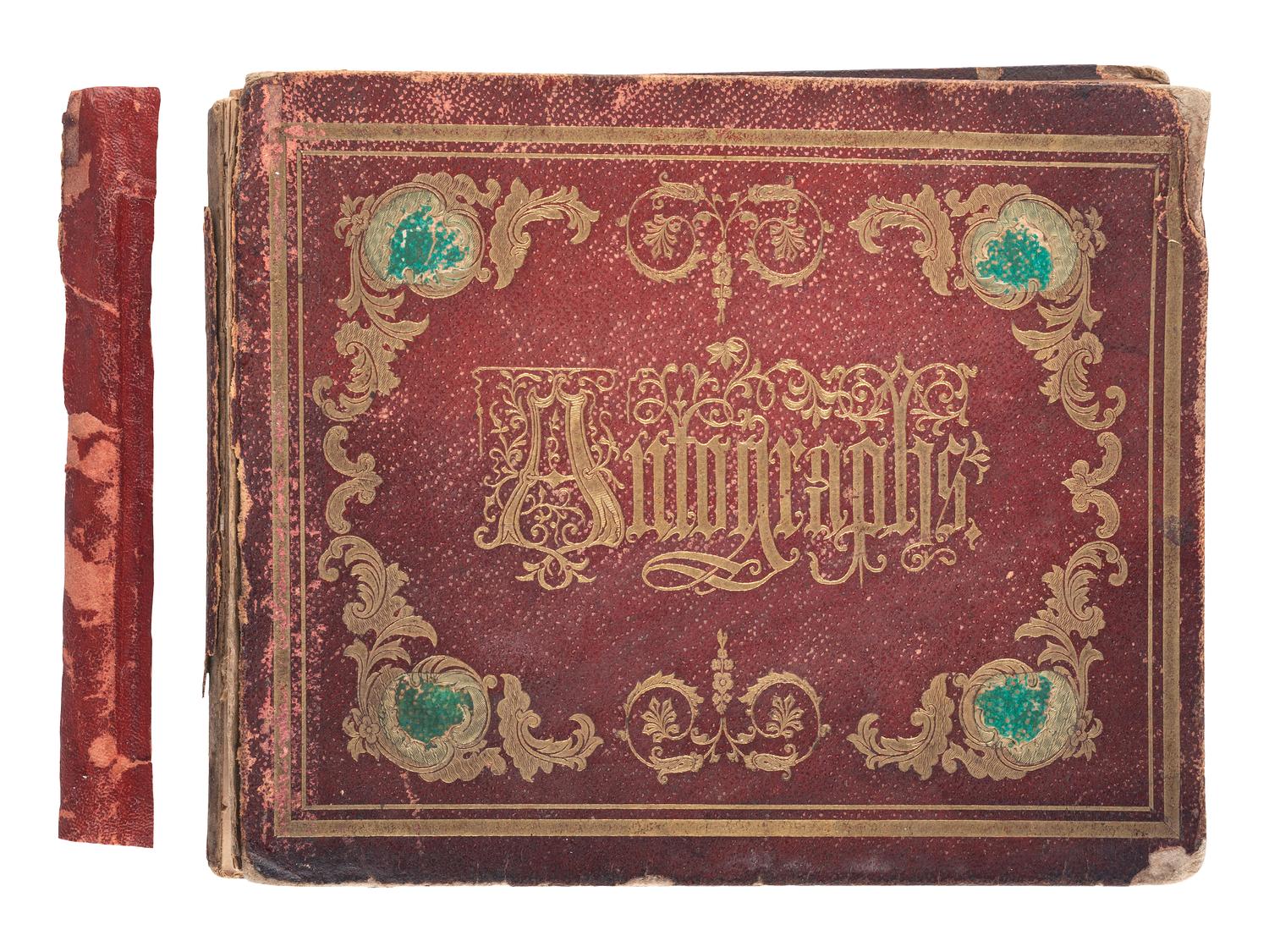 [CIVIL WAR]. Autograph book identified to Lucritia Taft Flagg, featuring signatures of assorted 19th-century figures including D.L. MOODY, Lewis CASS, Charles SUMNER, William H. SEWARD, and others.