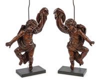 A Pair of Italian Carved Walnut Altar Figures Mounted as Lamps