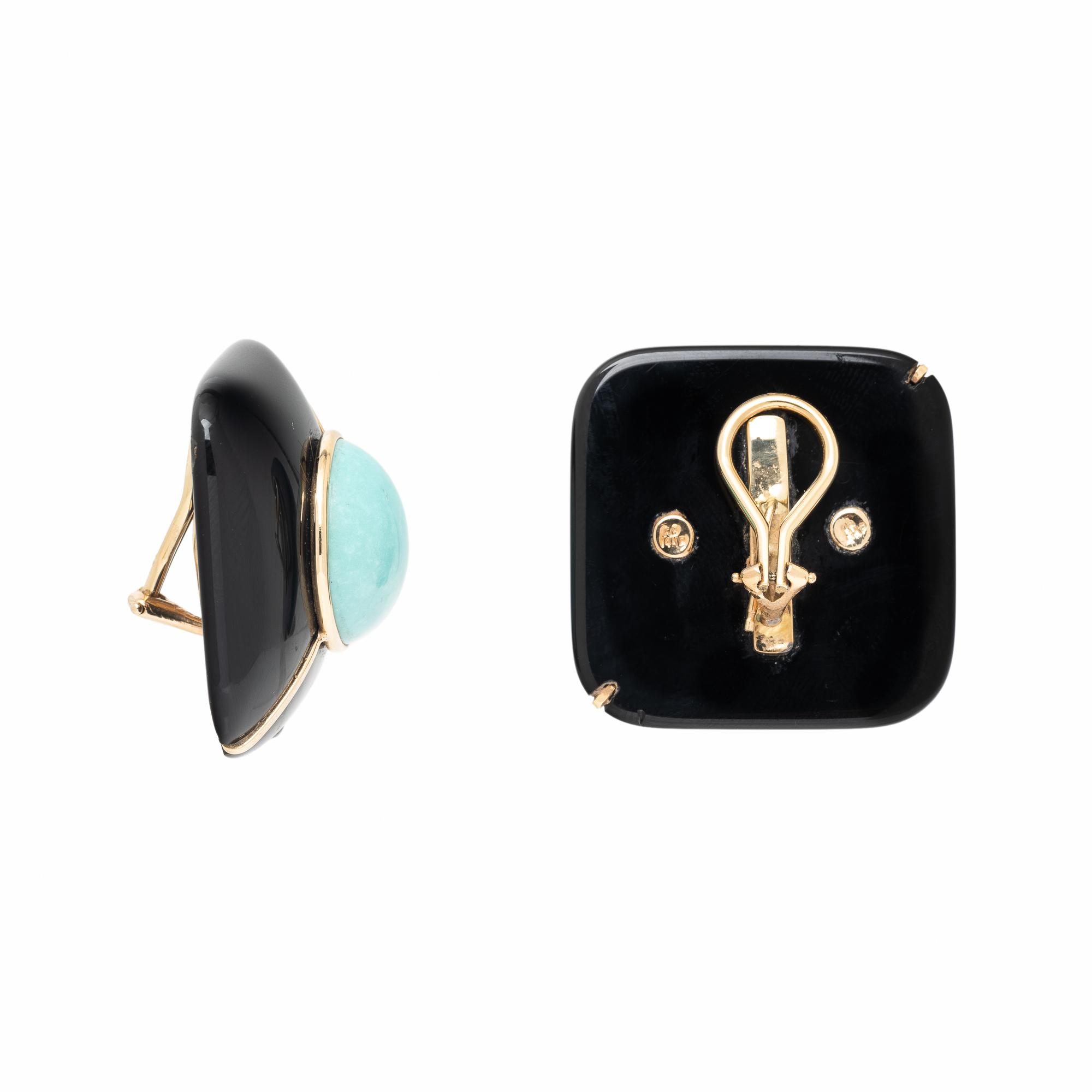 Onyx, Turquoise, and Yellow Gold Earrings